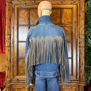 G.I.L.I. Mid Wash Long Taupe Fringe Stud Yoke Cotton Denim Jacket Boho Western
